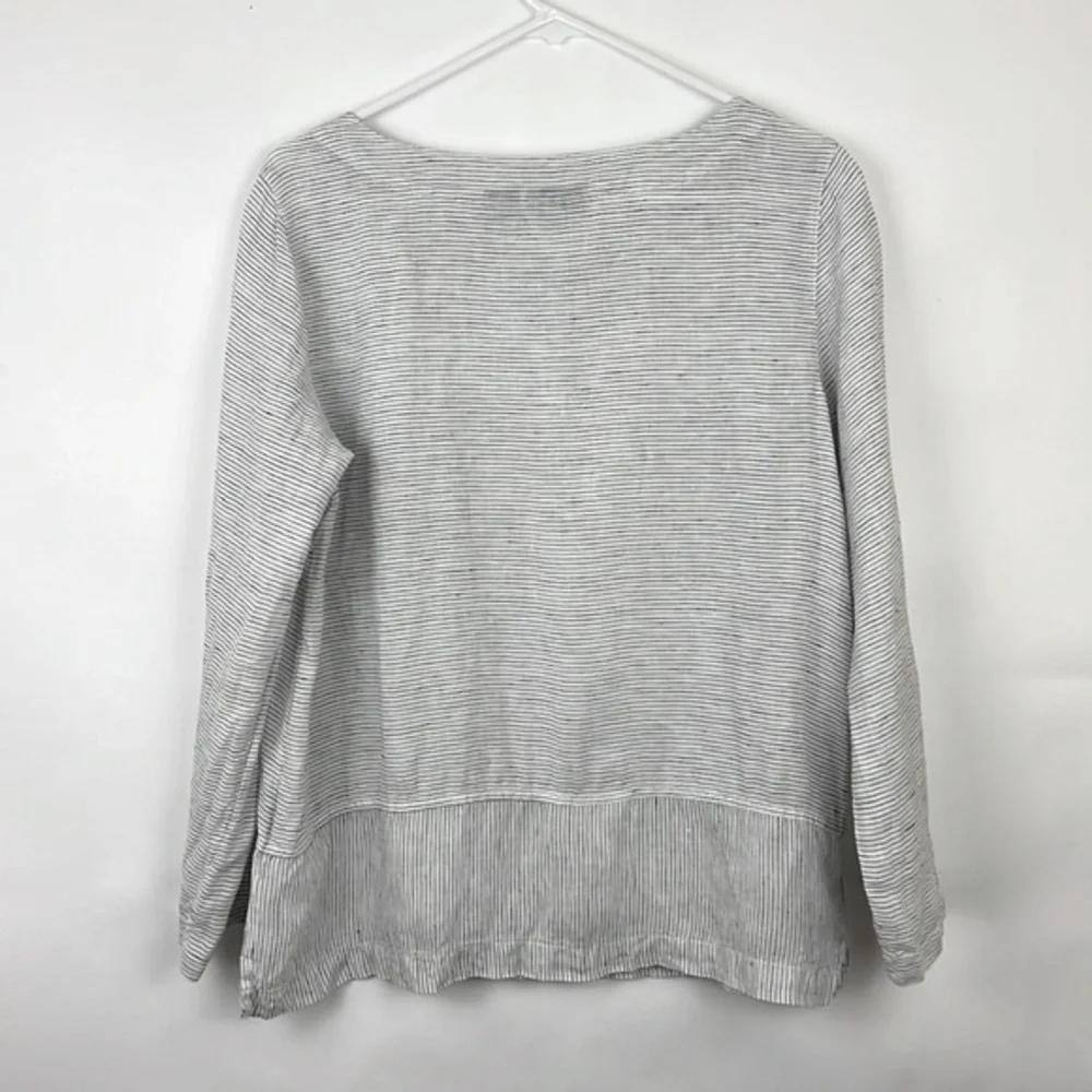 TAHARI 3/4 sleeve pullover top thin black stripes on white linen M - Picture 2 of 9